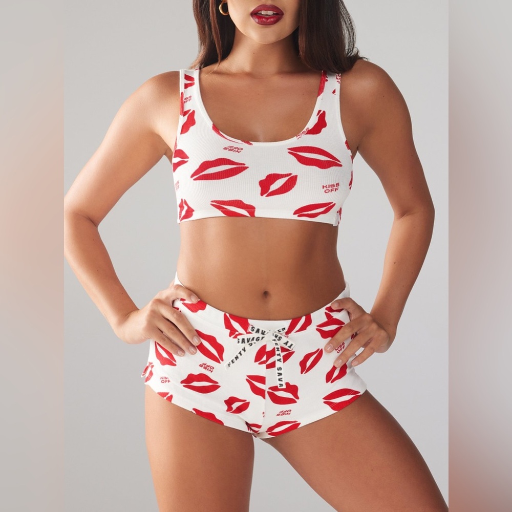 Savage X Fenty Red and White Lip Print Pajama Set